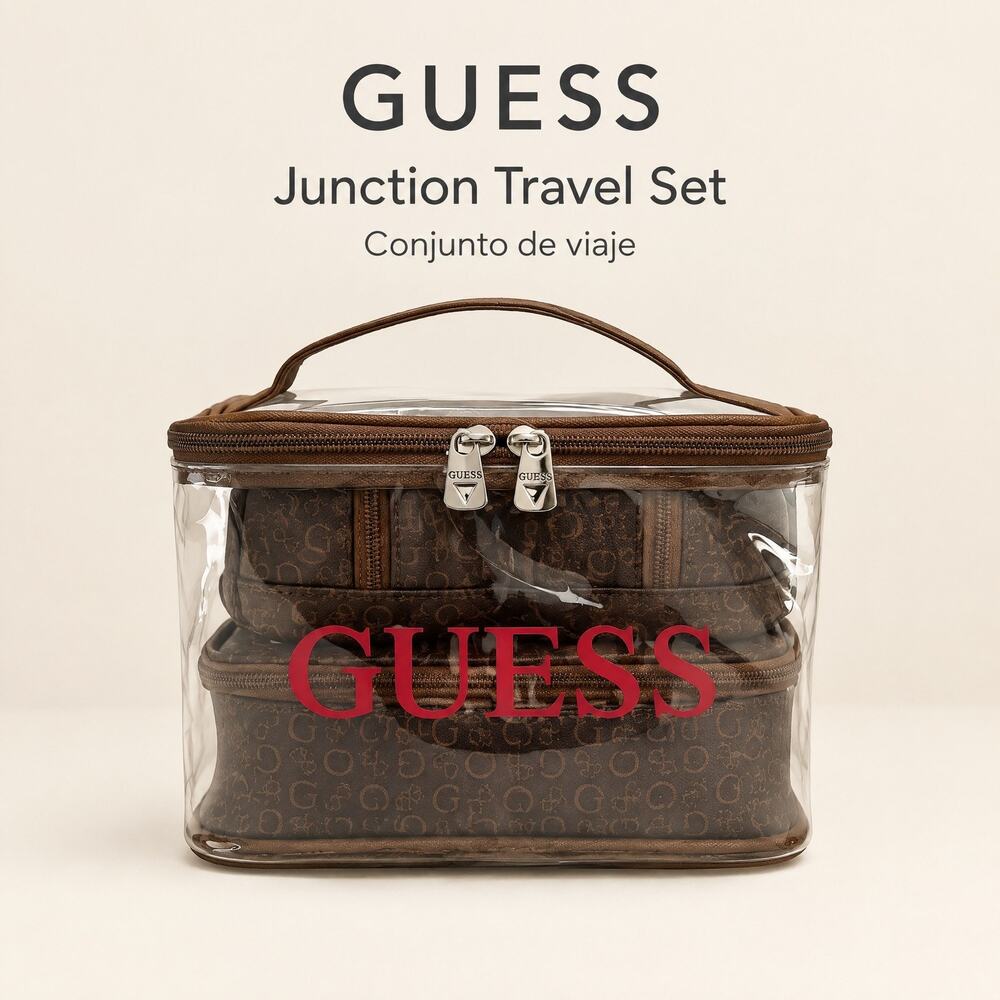 GUESS Junction Travel Set 4 Pcs Cosmetic Bag Brown Monogram Makeup Case